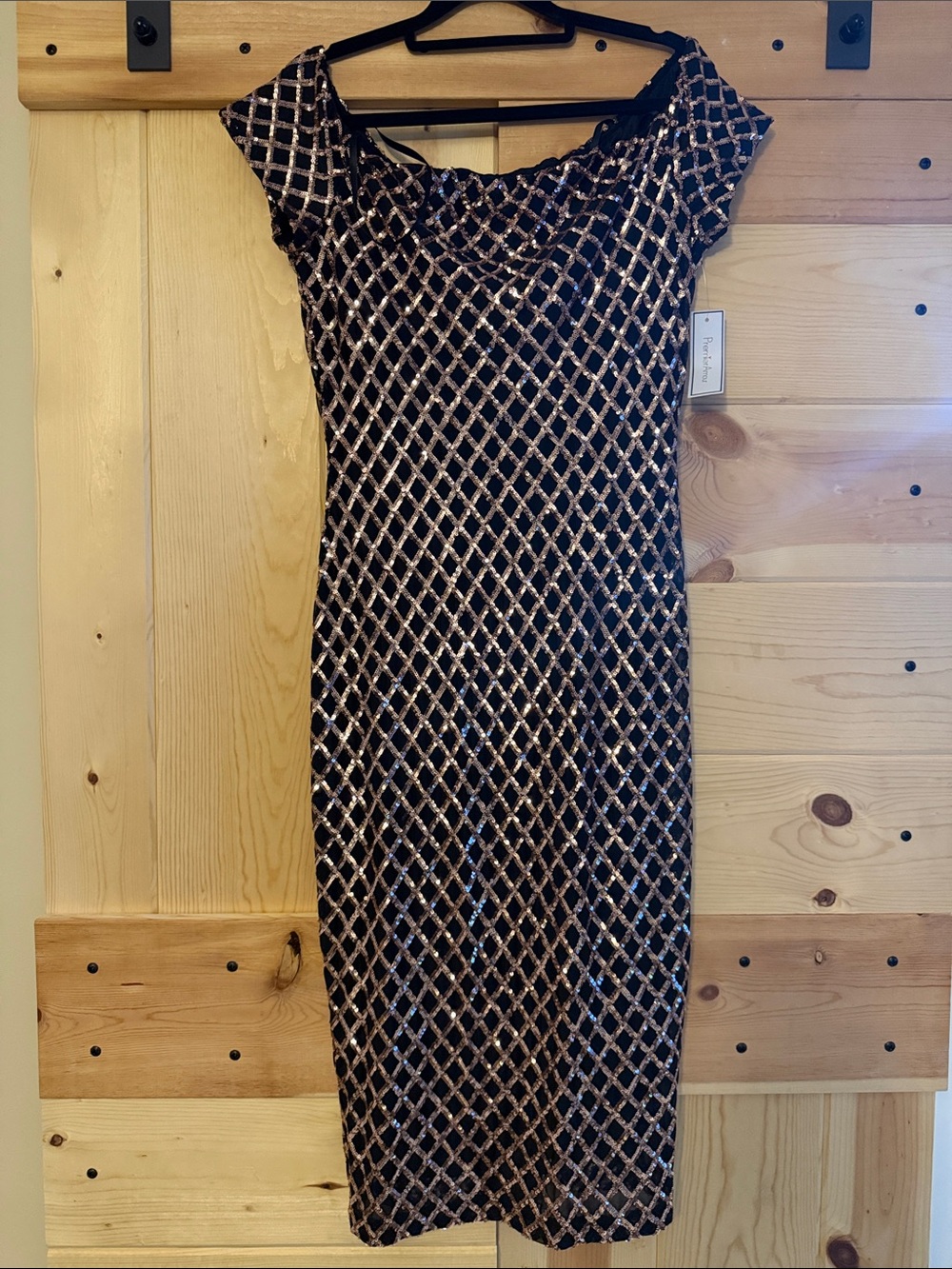 Elegant Premier Amour Black & Gold Sequin Lattice Midi Dress
